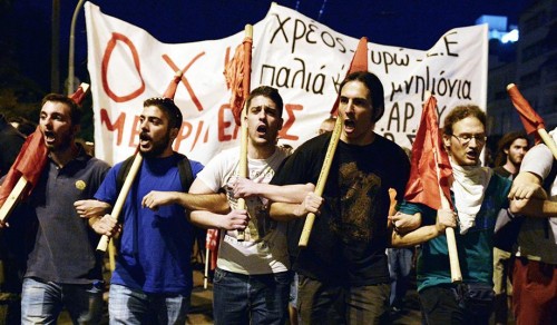 Protesters march over proposed austerity measures in Athens. (Louisa Gouliamaki/AFP/Getty)