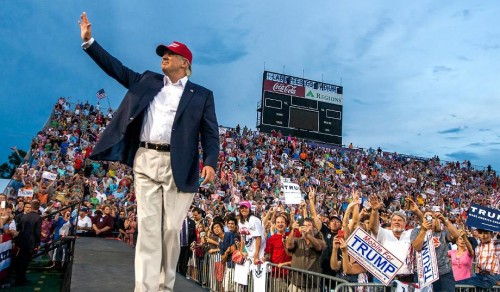 Trump greets the crowd in Mobile, Ala., August 21, 2015. (Mark Wallheiser/Getty)