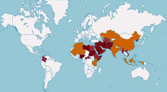 2014 World Watch List global map of Christian persecution (darker colors more severe).