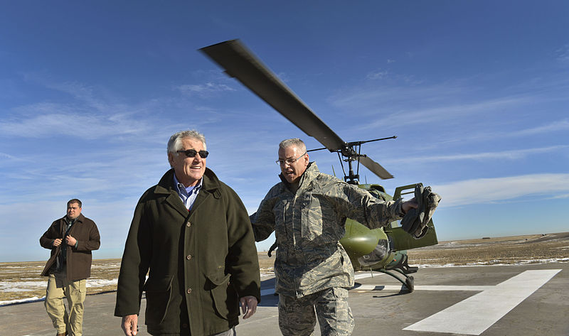 Secretary of Defense Chuck Hagel, center, is escorted by U.S. Air Force Gen. Jack Weinstein after arriving at the missile alert facility and launch control center at F.E. Warren Air Force Base in Cheyenne, Wyo., Jan. 9, 2014. Hagel was on a two-day trip to visit commands in the western United States.